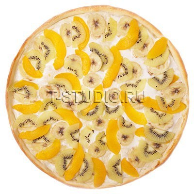Десертная пицца с киви, бананом и персиком